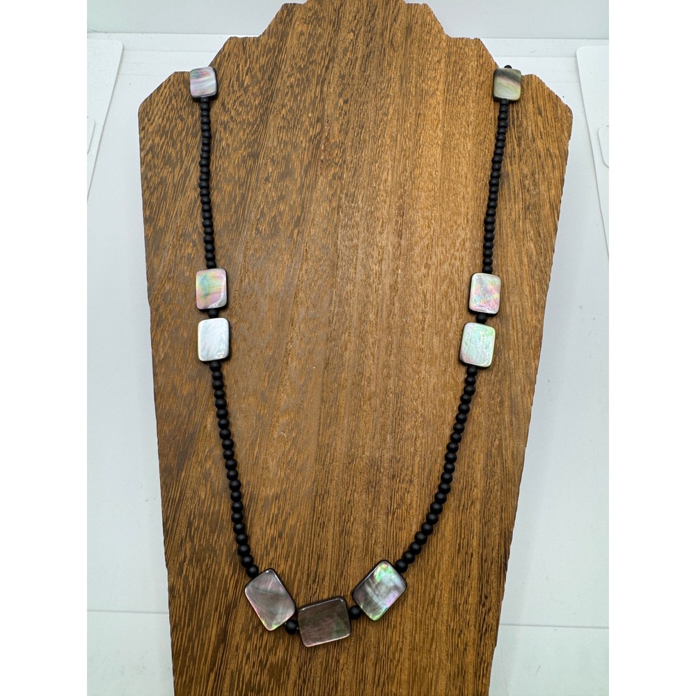 Black Matte Beaded Necklace Iridescent Rectangle Shell Abalone Style Long 36"